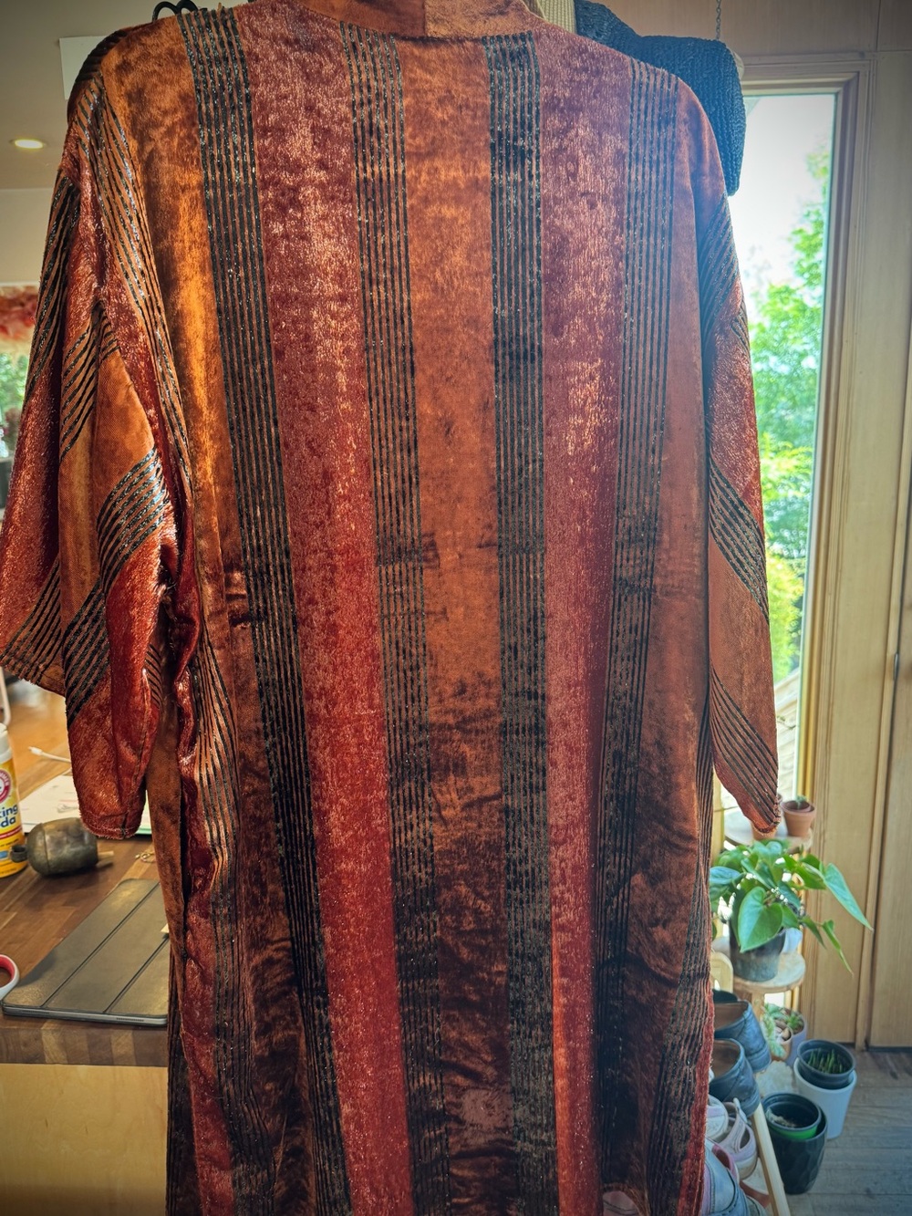 Anthropologie Rust Brown Striped Velvet Duster/Kimono w/ Pockets - Picture 3 of 13
